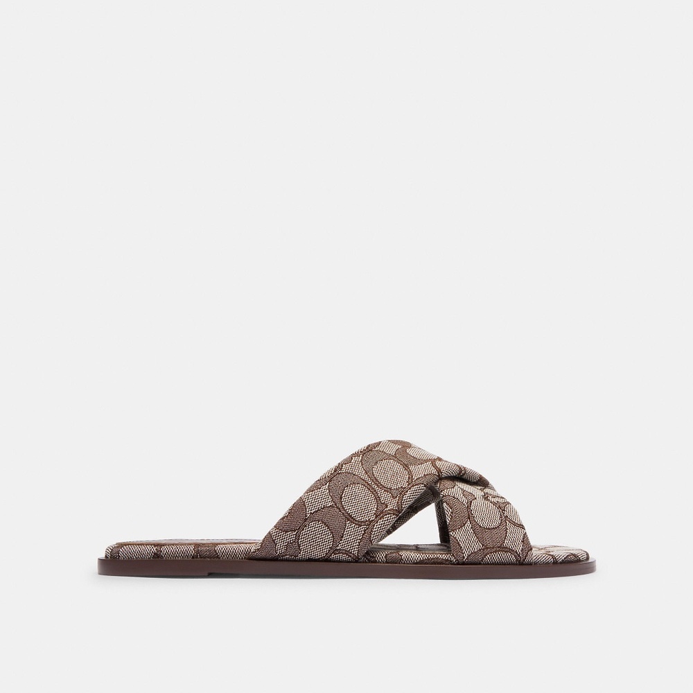 New Coach Link Criss Cross Slide In Signature Jacquard Color Oak - Picture 3 of 3